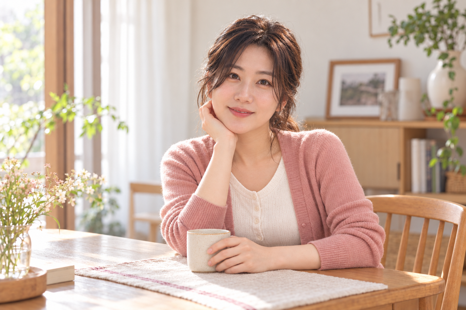 창가에서 차 한 잔과 함께 미소 짓는 담유 대표 인물