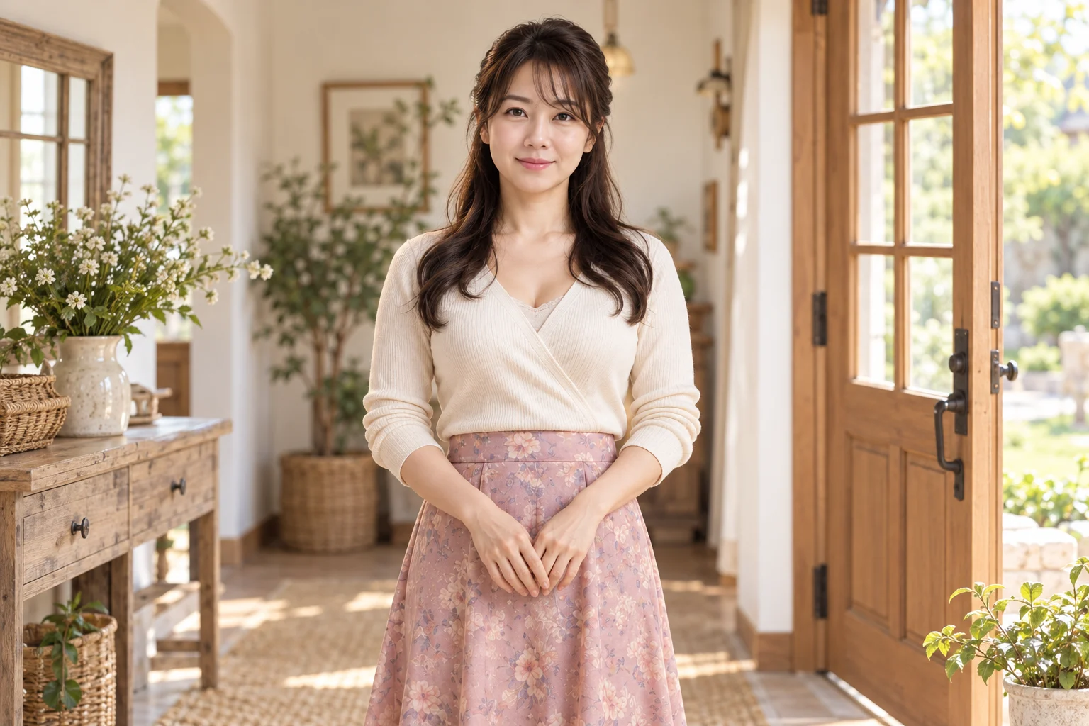 현관에서 정면을 바라보며 인사하는 담유 대표 인물